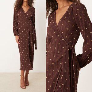 Never Fully Dressed Plisse Pleated Polka Dot Wrap Midi Dress